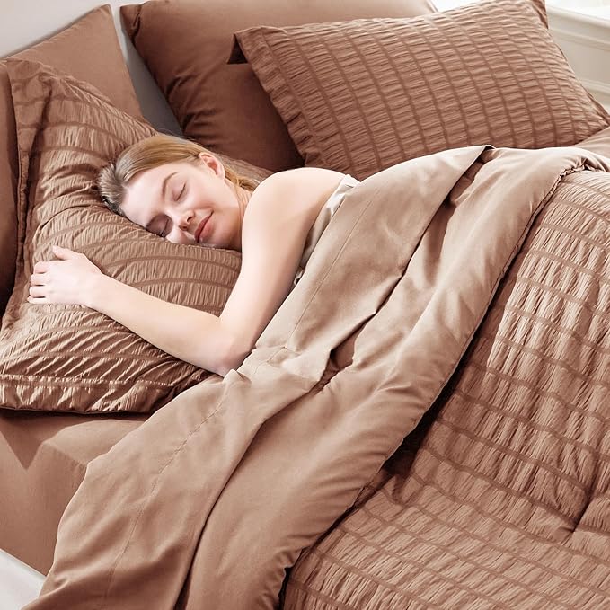 CozyLux King Size Comforter Set Mocha Mousse Seersucker 7 Pieces Bed in a Bag King Comforter Set with Sheets, Luxury Bedding Set with Down Alternative Comforter, Sheets, Pillowcases & Shams All Season