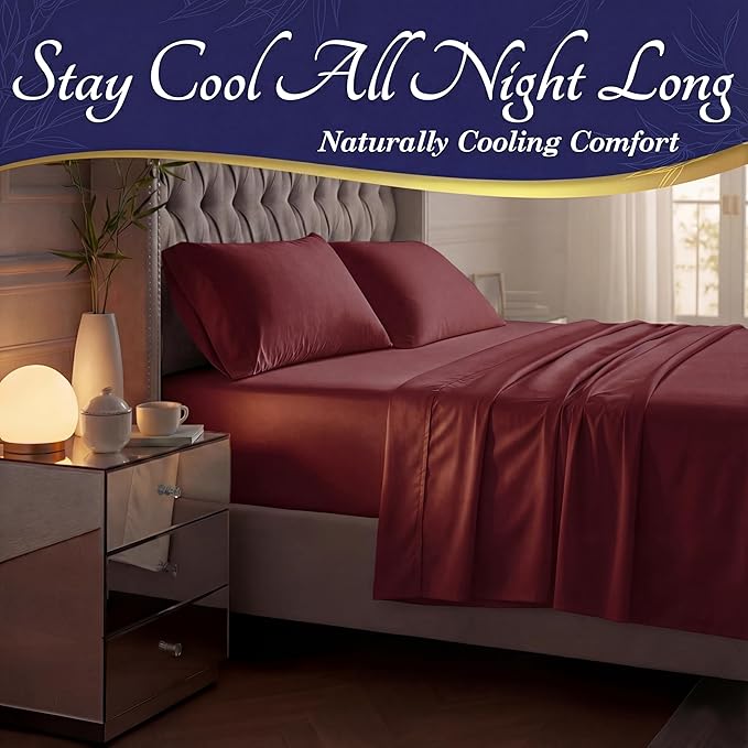 DECOLURE 100% Viscose Derived from Bamboo Sheets Queen Size - Luxury 4 Pc Naturally Cooling Sheets, Ultra Soft Bed Set - Deep 17" Pockets, Durable Double Stitching, Oeko Tex Standard (Burgundy)