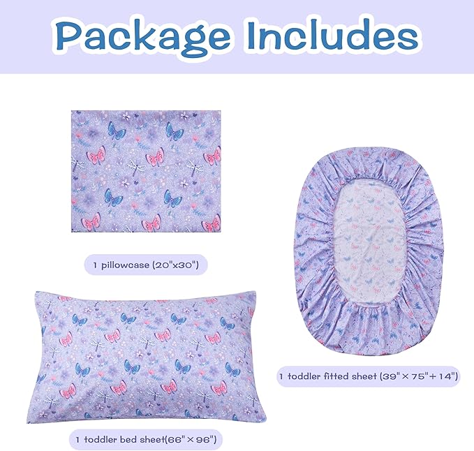 Kids Sheet Set Twin Size 3 Pcs, Girls Sheet Set with Floral Butterfly Pattern，Kids Twin Fitted Sheet，Breathable & Silky Soft Microfiber Fitted Sheet