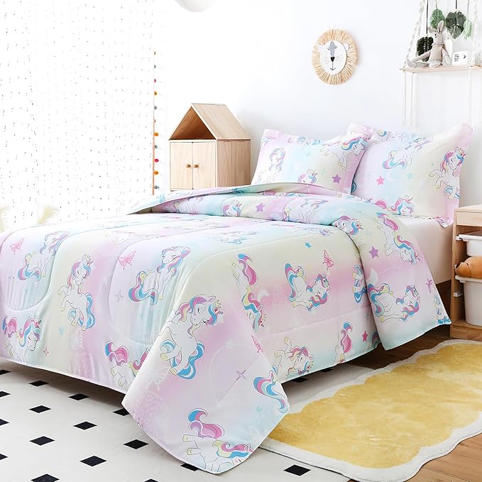 Yibeizi Twin Bed Comforter Set, Kids Lightweight All-Season Comforter Set Cute Rainbow Unicorn Pattern Microfiber Breathable Hypoallergenic Soft Oeko-Tex Bedding Comforter Sets