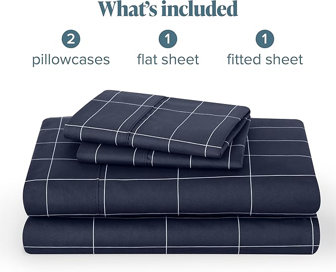 Bare Home King Sheet Set - Luxury 1800 Ultra-Soft Microfiber Double Brushed - Deep Pockets - Easy Fit - 4 Piece Set - Bedding & Pillowcases (King, Grid - Midnight/White)