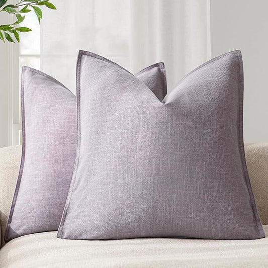 Foindtower Pack of 2, Decorative Linen Soild Throw Pillow Covers Soft Accent Euro Cushion Case Boho Farmhouse Neutral Pillowcase for Couch Sofa Bedroom Living Room Home Decor 18 x 18 Inch Light Purple