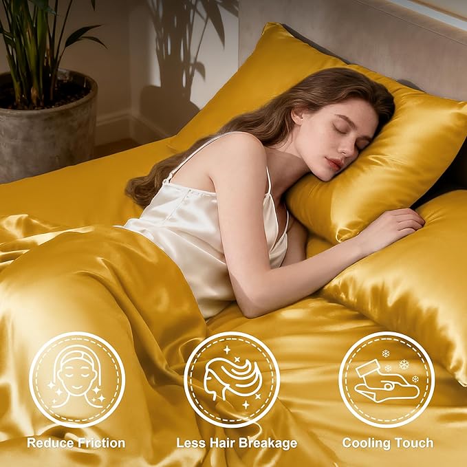 Love's cabin Satin Queen Sheets Set - 4 Piece Gold Silky Bed Sheets with Deep Pocket, Luxury Silk Feel Satin Queen Size Sheet Set (1 Flat Sheet,1 Fitted Sheet,2 Pillow Cases)
