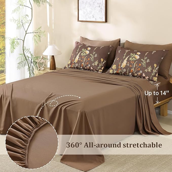 Yiran 7 Piece Brown Fall Comforter Set Queen Size, Floral Flowers Comforter Bedding Set, Bed in a Bag Queen, Soft Microfiber Complete Bedding Set with Sheets for All Season