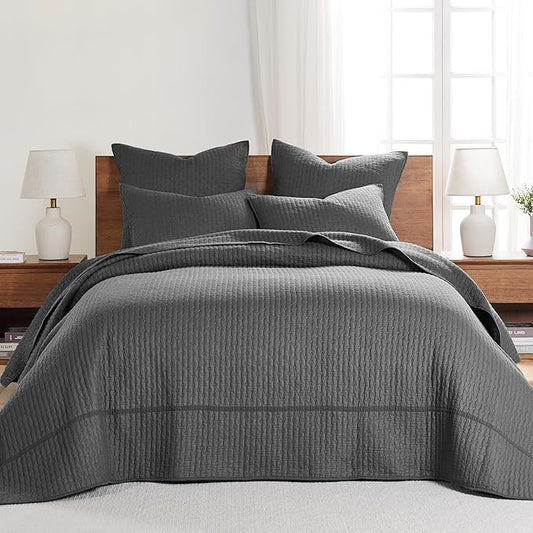 Levtex Home Cross Stitch Reversible Queen Bedspread Set (104x106in) with 2 Pillow Shams (26x20in) - Stitch Texture - Charcoal - Cotton Queen Size Bedspread Set - Lightweight, Soft, Pre-Washed