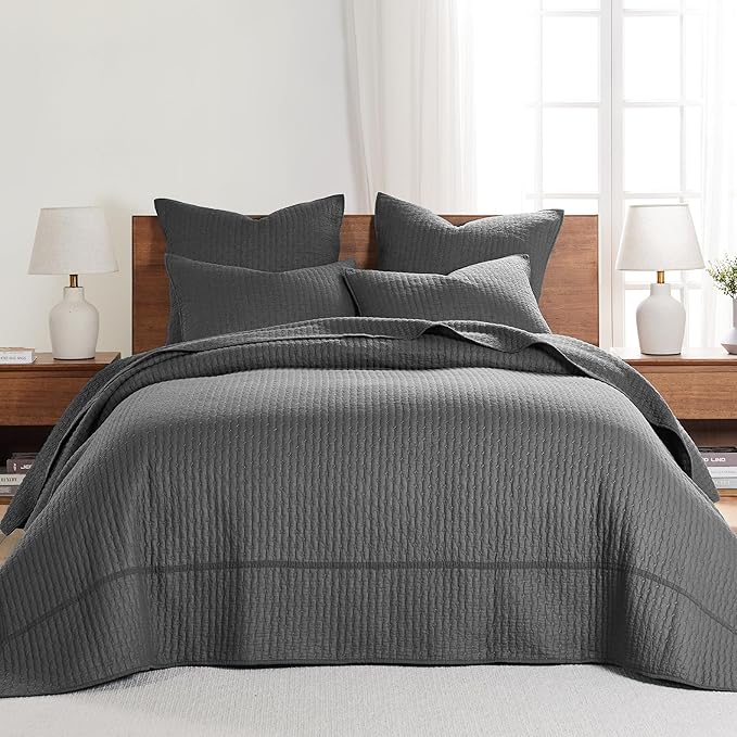 Levtex Home Cross Stitch Reversible Full Bedspread Set (100x104in) with 2 Pillow Shams (26x20in) - Stitch Texture - Charcoal - Cotton Full Size Bedspread Set - Lightweight, Soft, Pre-Washed