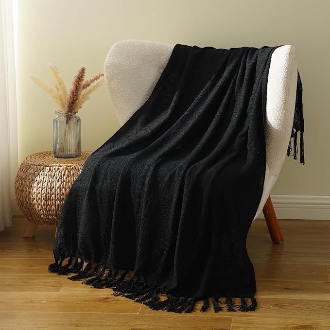 Battilo Black Solid Knit Throw Blanket for Couch and Bed, Soft Textured Plush Blanket, Cozy Lightweight Decorative Blanket for Sofa, 50"x60"
