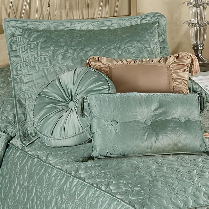 Cambridge Classic Luxury Bedding | Cool Aqua Mist Solid Color Polyester Satin | Elaborate Damask Quilting | 5 Pc Bed Set: Twin Bedspread, Standard Sham, & 3 Decorative Pillows | Also Fits Twin XL Beds