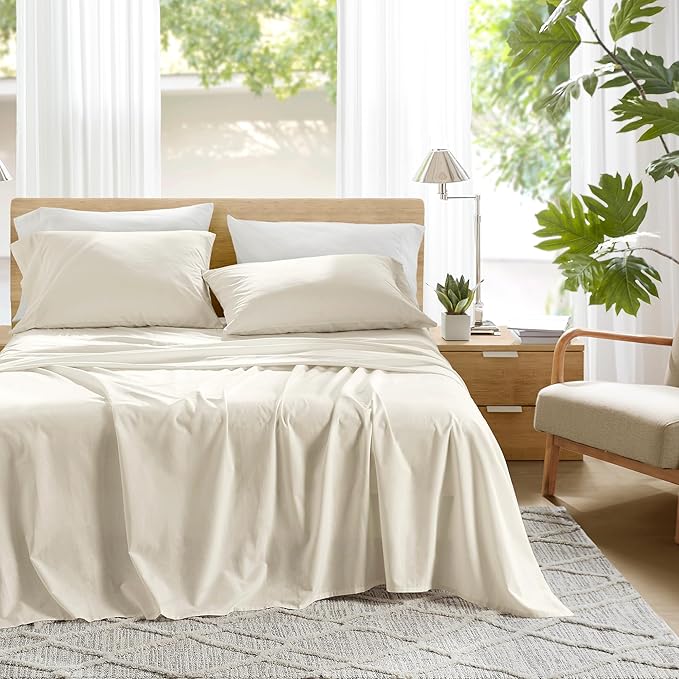 Comfort Spaces 100% Cotton Sheets Twin XL, Breathable, Soft Cotton Sheets, Naturally Cool Cotton Bed Sheets with 12" Elastic Pocket Fits up to 14" Mattress, All Season Sheet Set, Twin XL Ivory 3 Piece