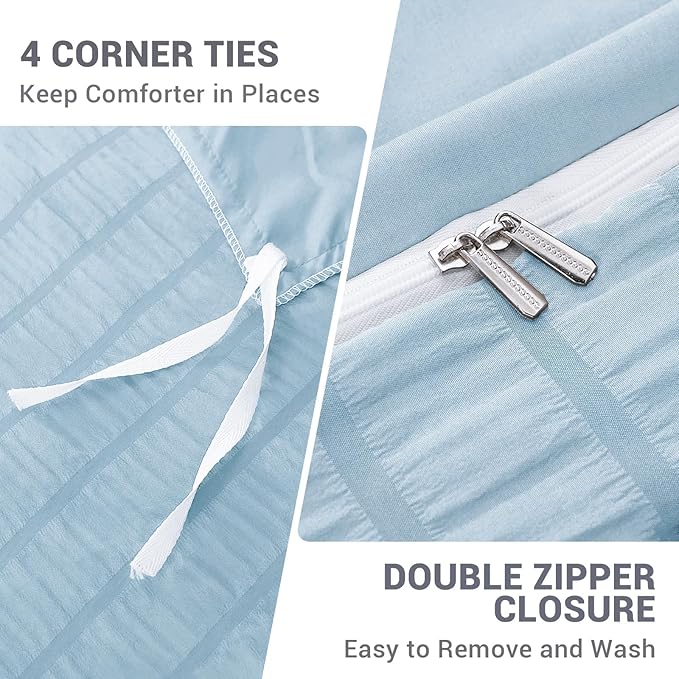 HYMOKEGE Lake Blue Duvet Cover Full Size, Ultra Soft 3-Piece Seersucker Duvet Cover Set with Zipper Closure, Soft Brushed Microfiber Bedding Set with 8 Corner Ties (80"x90", 2 Pillowshams)