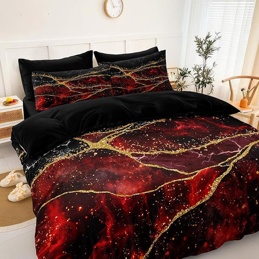 Gold Comforter Set 8 Pcs Red Marble Bedding Set King Size Bed in A Bag Red and Black Marble Stone Texture Abstract Room Decor