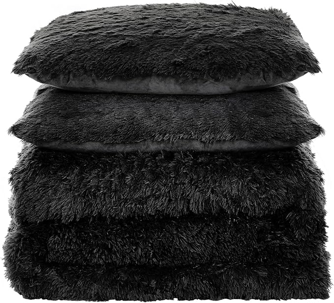 Twin Size Luxury Faux Fur Comforter Set - Soft & Breathable 5-Piece Bedding Collection - 1 Comforter, 1 Fitted Sheet, 1 Flat, 1 Pillowcase, 1 Pillow Sham - Deep Pocket - Premium Quality, Black