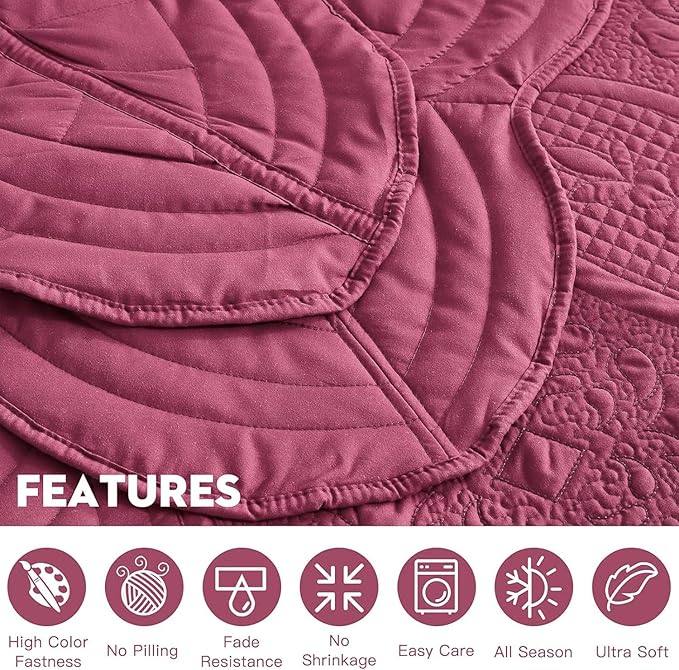Oversized Bedspread - King Size Bedding Cover - Modern & Contemporary Coverlet Set, Real Stitching, Reversible, Lightweight, 5 Piece, Burgundy