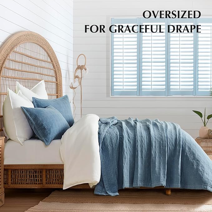 EVERGRACEHOME Stonewashed Cotton Quilt Set King Size, Ultra Soft Oversized Bedspread Coverlet Set, Lightweight Crinkle Box Stitch Bedding Sets for All Season, with 2 Shams, Sonoma Blue