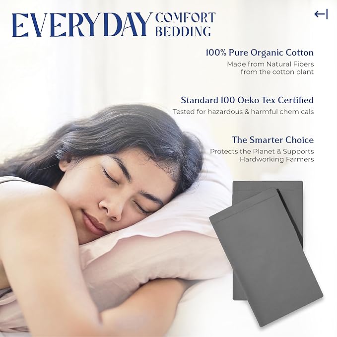 Mayfair Linen 100% Organic Cotton Percale Pillow Cases Standard/Queen Size Set of 2 - Percale Pillowcases Standard/Queen, Soft Cooling Pillow Cases for Sleeping, Cotton Pillowcovers - Dark Grey