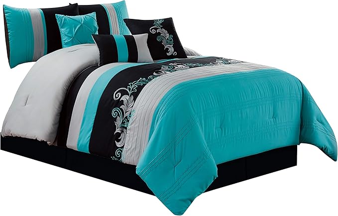 Chezmoi Collection Napa 7-Piece Luxury Leaves Scroll Embroidery Bedding Comforter Set (Full, Teal Blue/Gray/Black)