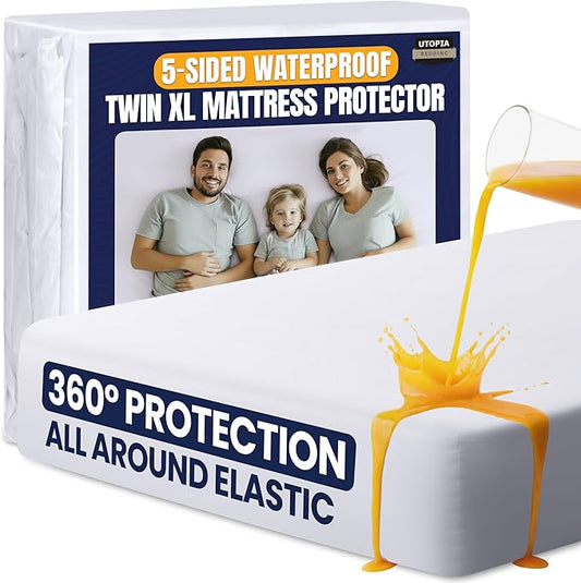 Utopia Bedding Waterproof 5-Sided Mattress Protector Twin XL Size, Premium Breathable Mattress Cover, Fitted Style with Stretchable Pockets (White)