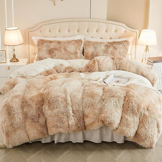 EMME Luxury Khaki Fuzzy Duvet Cover Set Twin Size Fluffy Comforter Cover Set 2 Pieces Shaggy and Plush Soft Bedding Duvet Covers (Tie Dye Khaki, Twin)