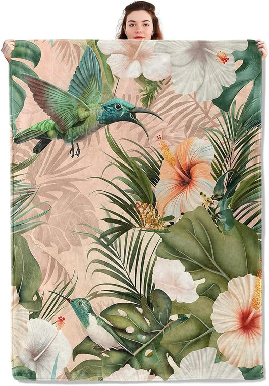 Colorful Hummingbird Blanket Lightweight Blankets Gifts for Adults Flannel Throw with Bird and Hibiscus Flower Printed for Sofa, Bed, Travel, Picnic, Office, Nature Decor Throws 50x40 Inch