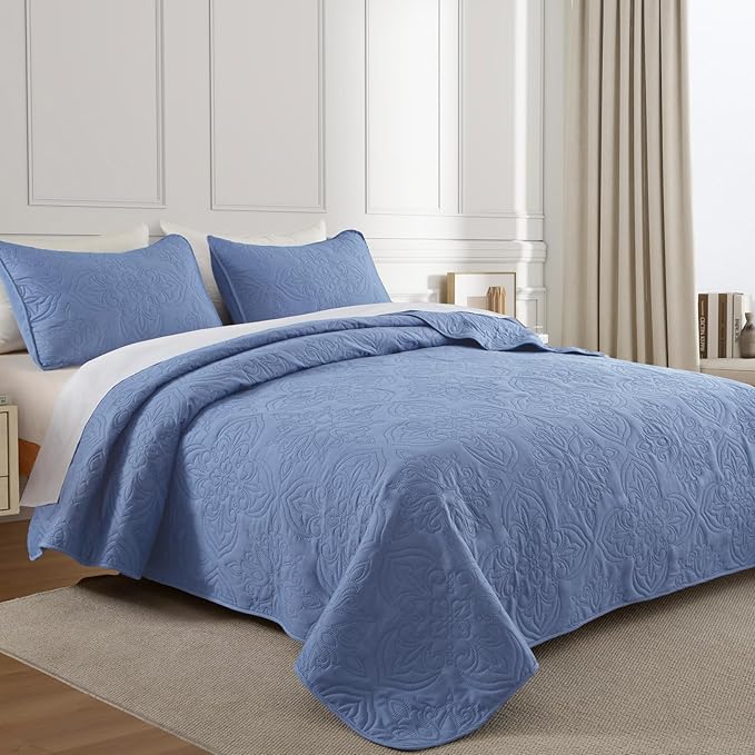 Whale Flotilla Soft Twin Quilt Bedding Set for All Seasons, Elegant Vintage Damask Ultrasonic Quilts Set, Lightweight Reversible Bedspread, Coverlet, Bed Cover with 1 Pillow Sham, Bluish Grey