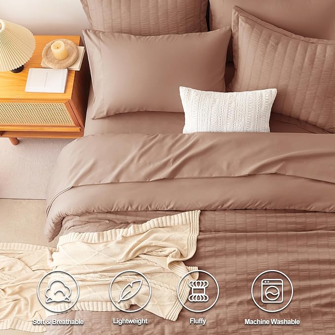 CozyLux King Size Comforter Set Mocha Mousse Seersucker 7 Pieces Bed in a Bag King Comforter Set with Sheets, Luxury Bedding Set with Down Alternative Comforter, Sheets, Pillowcases & Shams All Season