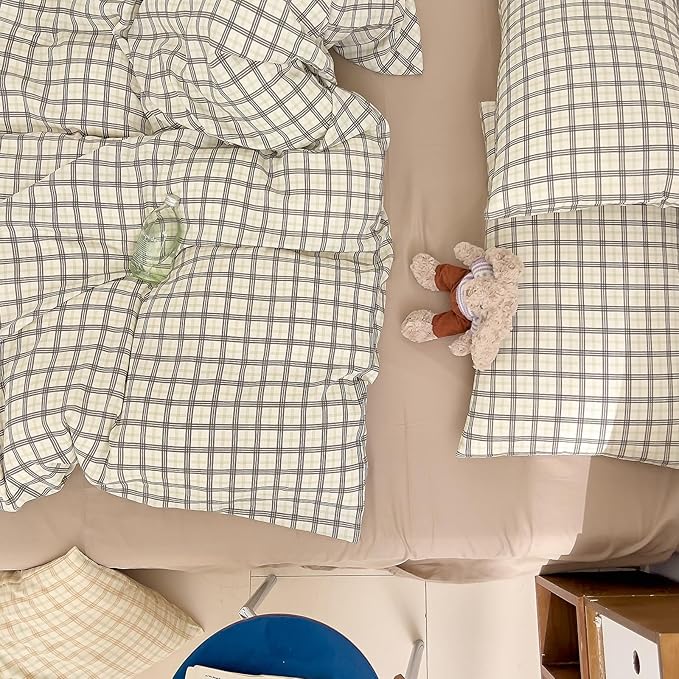 VM VOUGEMARKET Grey Plaid Duvet Cover Sets Queen,3 Pieces Checkered Comforter Cover with Zipper Closure for Men Boys Soft Muslin Cotton Bedding Set (90"x90")