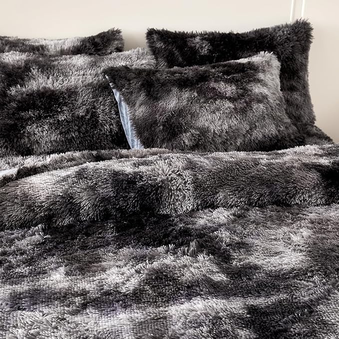 PERFEMET Dark Grey Plush Shaggy Comforter Set Twin Size 3 Piece Fluffy Faux Fur Tie Dye Bedding Sets Ultra Soft Long Hair Velvet Fuzzy Bedding for Boys Girls(Dark Grey, Twin)
