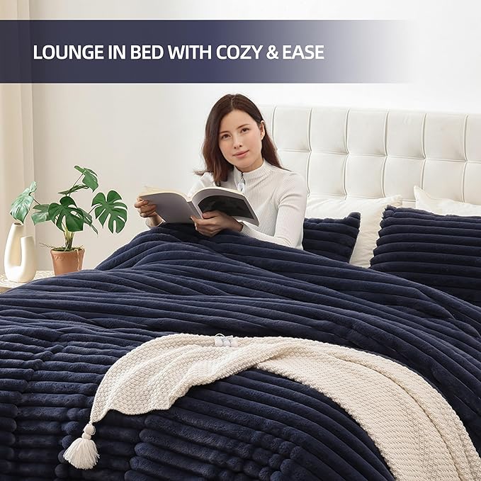 Smoofy Fluffy Twin Comforter Sets 2 Pieces - Navy Blue Fleece Fluffy Comforter Set, Luxury Fuzzy Twin Bedding Set, Soft Warm Comforter All Season, Heavy Faux Fur Comforter with Pillow Cases
