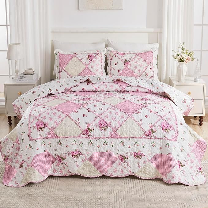 Oversized King Size Pink Floral Plaid Patchwork Quilt Set 128x120 Extra Wide Super King Size Reversible Quilted Bedspread Coverlet Set 3-Piece Comforter Bedding Set Bed Cover with 2 Pillow Shams