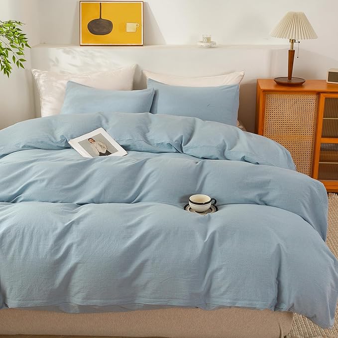 ECOCOTT Light Blue Duvet Cover Oversized King Size - 100% Washed Cotton Durable Soft Comfy Duvet Cover Set, 3 Pieces Duvet Cover with Zipper Closure (120"x 98")