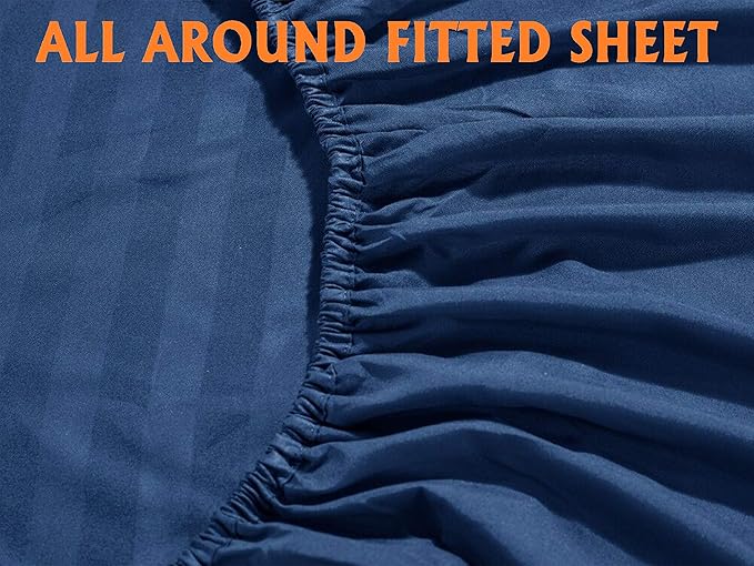 Elegant Comfort Softest and Coziest 4-Piece Sheet Set - 1500 Premium Hotel Quality Microfiber - Luxurious Wrinkle Resistant 4-Piece Damask Stripe Bed Sheet Set, Twin, Navy Blue