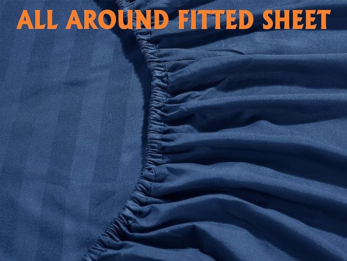 Elegant Comfort Best, Softest, Coziest 6-Piece Sheet Sets! - 1500 Premier Hotel Quality Luxurious Wrinkle Resistant 6-Piece Damask Stripe Bed Sheet Set, Queen Navy Blue
