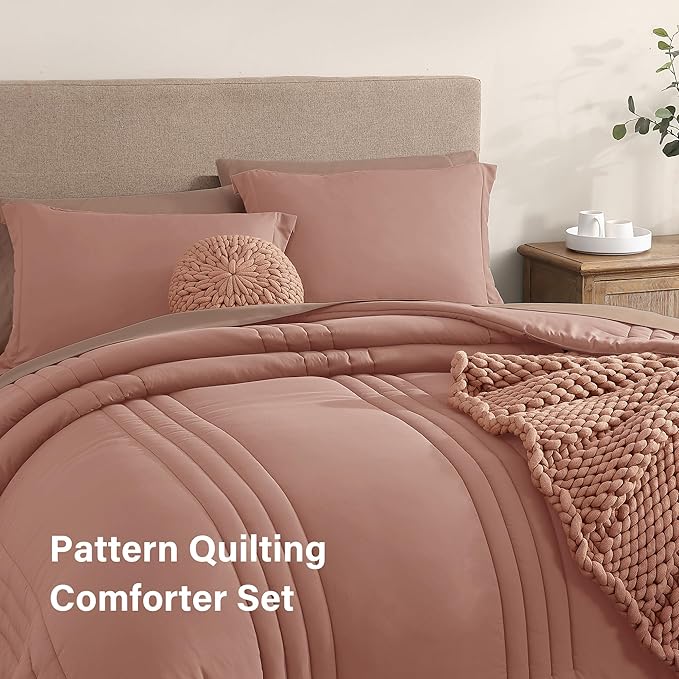 Monbix Queen Comforter Set - 7 Pieces Clay Pink Bed in a Bag Queen Bedding Sets with Comforters, All Seasons Comforter Bed Set with Sheets, Pillowcases & Shams