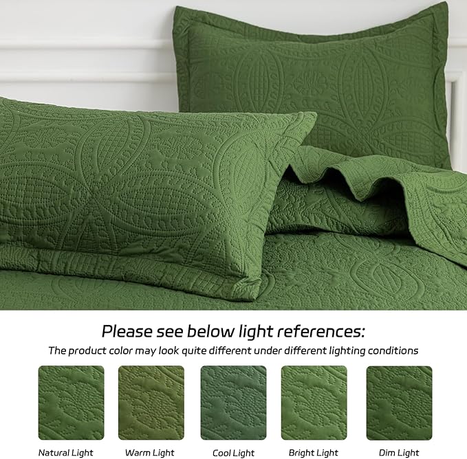 SheRest Queen Quilt Bedding Set - Soft Breathable Bed Quilts, Modern Style Embossed Bedspreads, Lightweight Microfiber Reversible Coverlet for All Seasons, Green, 3 Pieces (1 Quilt,2 Pillow Shams)