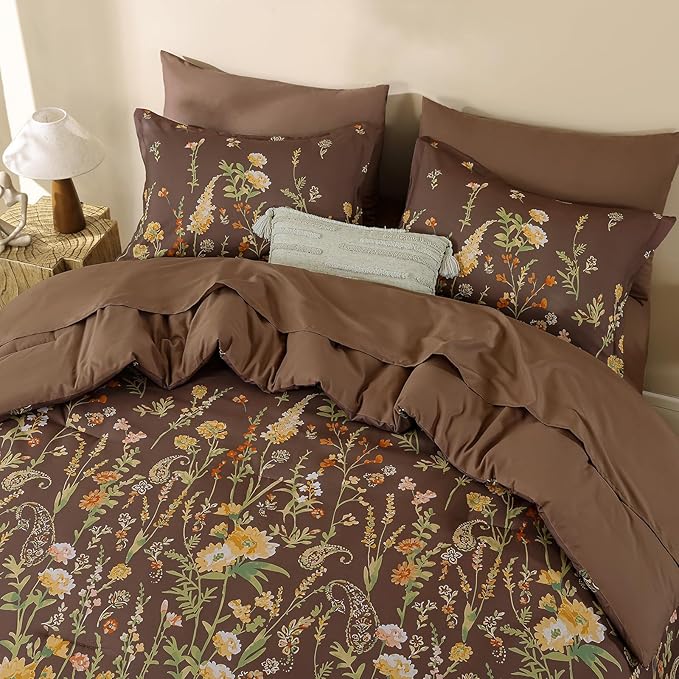 Yiran 7 Piece Brown Fall Comforter Set Queen Size, Floral Flowers Comforter Bedding Set, Bed in a Bag Queen, Soft Microfiber Complete Bedding Set with Sheets for All Season