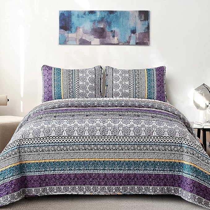 WONGS BEDDING Boho Quilt Set Queen Size, Purple Bohemian 3 Pieces Quilt Sets, Lightweight Bedspread Coverlet Bedding Set for All Season (96"x90")