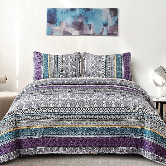 WONGS BEDDING Boho Quilt Set Queen Size, Purple Bohemian 3 Pieces Quilt Sets, Lightweight Bedspread Coverlet Bedding Set for All Season (96"x90")