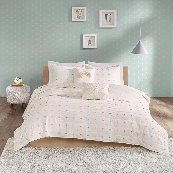 Intelligent Design Kids Quilt Set Cotton Jacquard Weave Colorful Poms Accent All Season Shabby Chic Bedding Coverlet Bedspred, Girls Bedroom Décor, Full Queen, Ivory 5 Piece