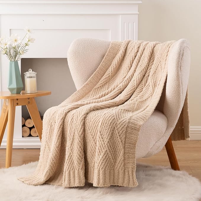 Battilo Beige Diamond Knit Throw Blanket for Couch and Bed, Soft Textured Chenille Blanket, Cozy Lightweight Decorative Blanket for Sofa, 50"x60"