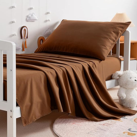 NTBAY Toddler Sheet Set - 3-Piece Microfiber Crib Sheet Set - Flat Sheet, Fitted Sheet, Pillowcase - Solid Toddler Bedding, Brown