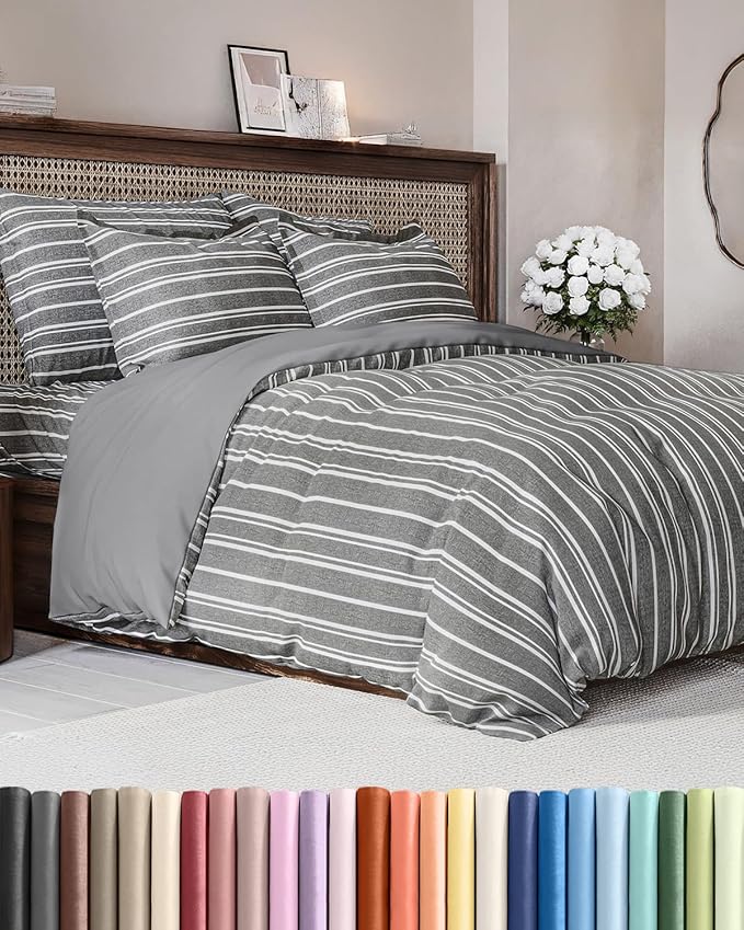 Duvet Cover King Size - Extra Soft King Size Duvet Cover - Lightweight, Breathable, Easy Care & Fade Free w/ Zipper Closures & Ties - 104" x 90" Inches - (Grey Stripes 3) Comforter Not Included