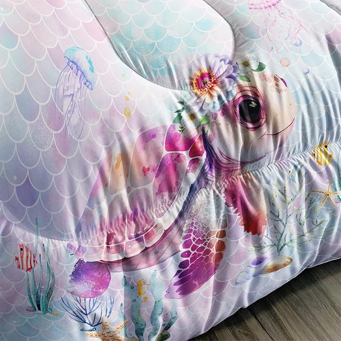 Axolotl Turtle Bedding Set Twin,Colorful Underwater World Comforter Set for Kids Boys Girls Teens,Ocean Comforter Set with Jellyfish,Kids Bedding Set Print Colorful Fish Scales,1 Quilt 2 Pillowcases