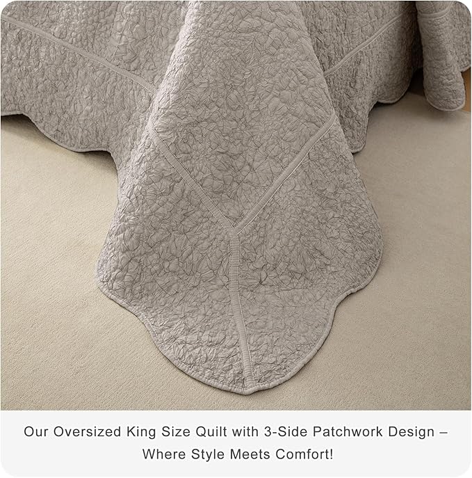 Masaca Oversized King Bedspread 128x120,Linen Colored Crinkled Oversized King Quilt 3Pcs Soft Lightweight Farmhouse Shabby Boho Stone-Washed Scallop Extra Large Quilt Coverlet Bedding Set