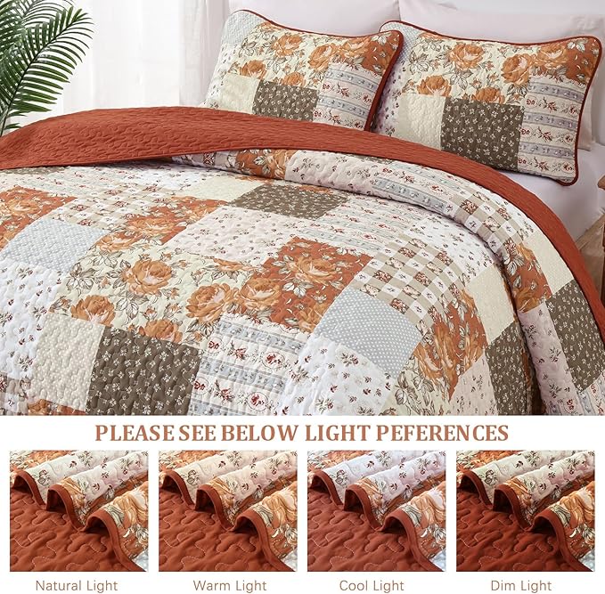 Patchwork Quilts Set Queen Size 3 Pieces Terracotta Plaid Bedspread Coverlet Set, Bohemian Farmhouse Brown Patchwork Quilt Bedding Set for All Season, Reversible Lightweight Bed Cover for All Season