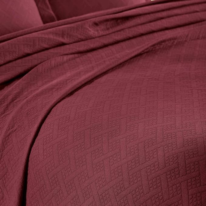 Superior 2 Piece Basketweave Cotton Bedspread Set, Home Bed Decor, Decorative Bed Spread, 1 Pillow Sham, Medium Weight Blanket, Matelasse Coverlet Bedding, Geometric Lattice Pattern, Twin, Garnet