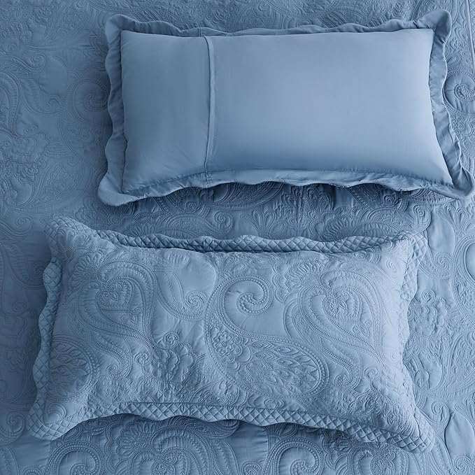 Oversized King Bedspread, Paisley Pattern Design, Lightweight Bedding Cover, Reversible, 5 Piece, 100% Microfiber, Smokey Blue