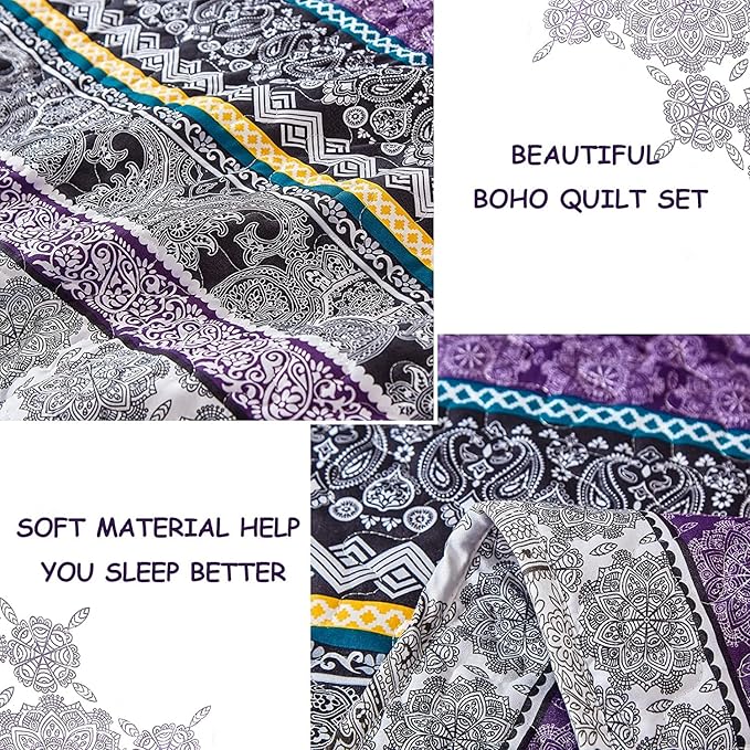 WONGS BEDDING Boho Quilt Set Twin Size, Purple Bohemian 2 Pieces Quilt Sets, Lightweight Bedspread Coverlet Bedding Set for All Season (86"x68")