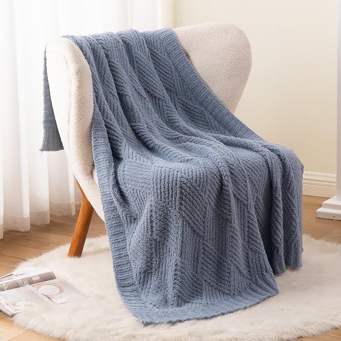Battilo Bluish Grey Diamond Knit Throw Blanket for Couch and Bed, Soft Textured Chenille Blanket, Cozy Lightweight Decorative Blanket for Sofa, 50"x60"