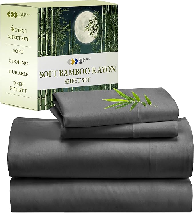 California Design Den Rayon from Bamboo Luxury Silk Cooling Sheets, Queen Size, Grey Bedsheets with Snug Fitted Deep Pockets