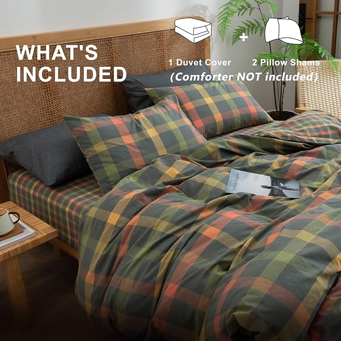 VM VOUGEMARKET Twin XL Plaid Duvet Cover Set Orange Grey Green Gingham Bedding Set Soft Washed Cotton Reversible Modern Cozy Duvet Cover with 2 Pillowcases for Teen Boys- 68x90 Inch